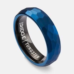 Men’s Tungsten Ring Blue Hammered & Smooth Band Wedding Ring Multiple Sizes